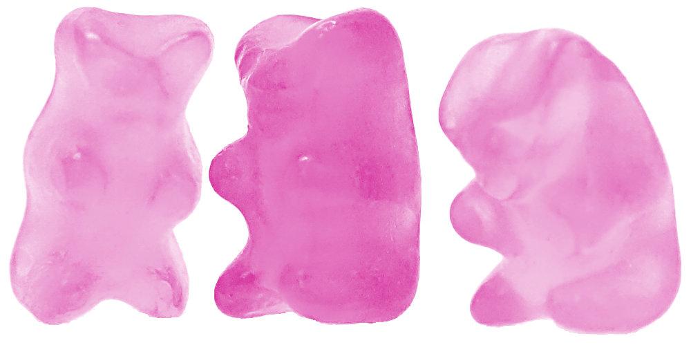 Gominolas rosas de CBD. El nanoemulsificador Stuph hace claras nano-emulsiones de CBD para bebidas y comestibles.